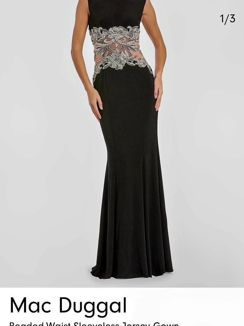 Mac Duggal Beaded-Waist Sleeveless Jersey Gown Black & Silver